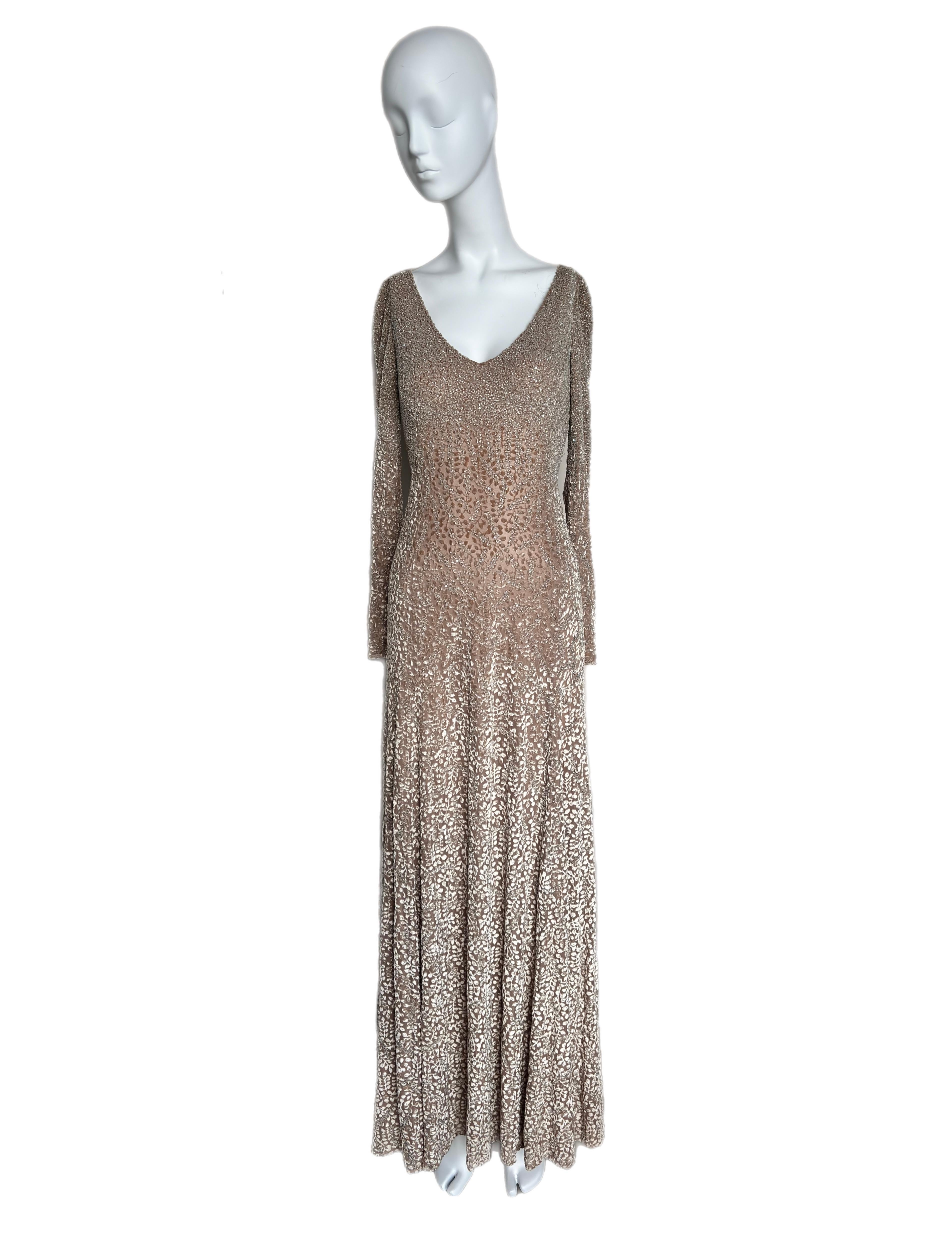 BADGLEY MISCHKA Años 90 Vintage maxi vestido de noche largo beige con muchas cuentas en venta 1