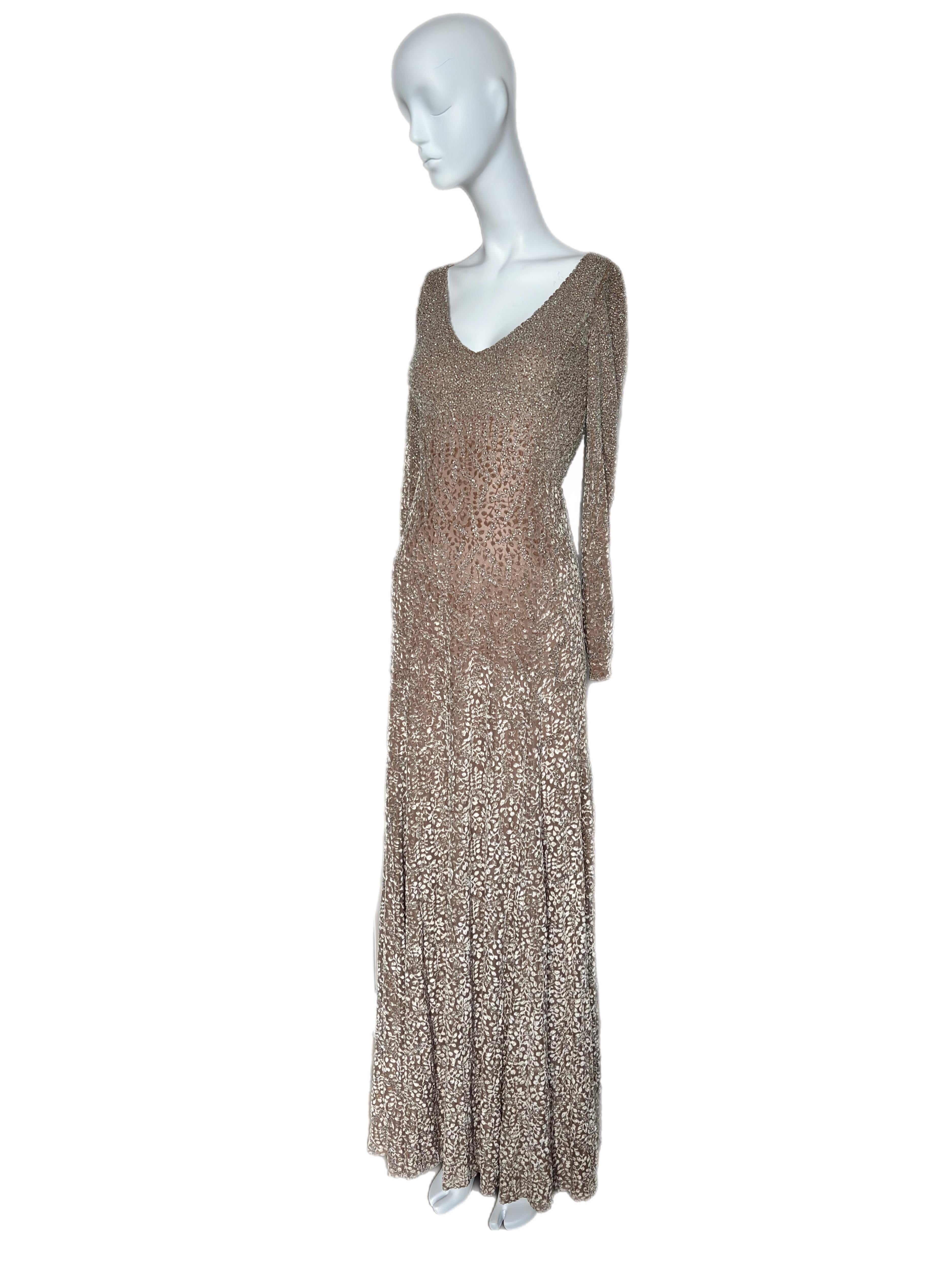 BADGLEY MISCHKA Años 90 Vintage maxi vestido de noche largo beige con muchas cuentas en venta 2
