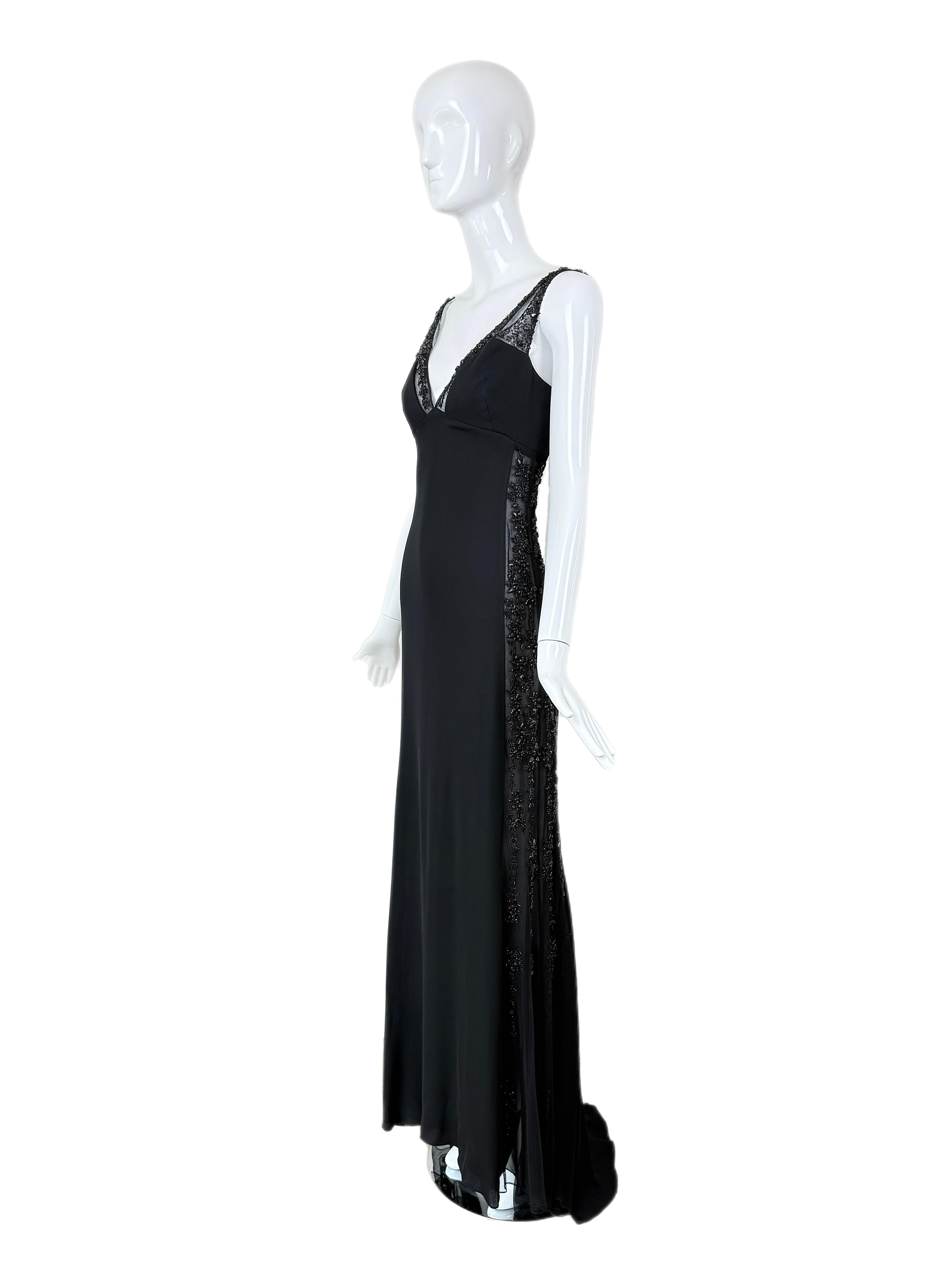 Nero Badgley Mischka, abito maxi vintage anni '90 in seta semitrasparente e impreziosito in vendita