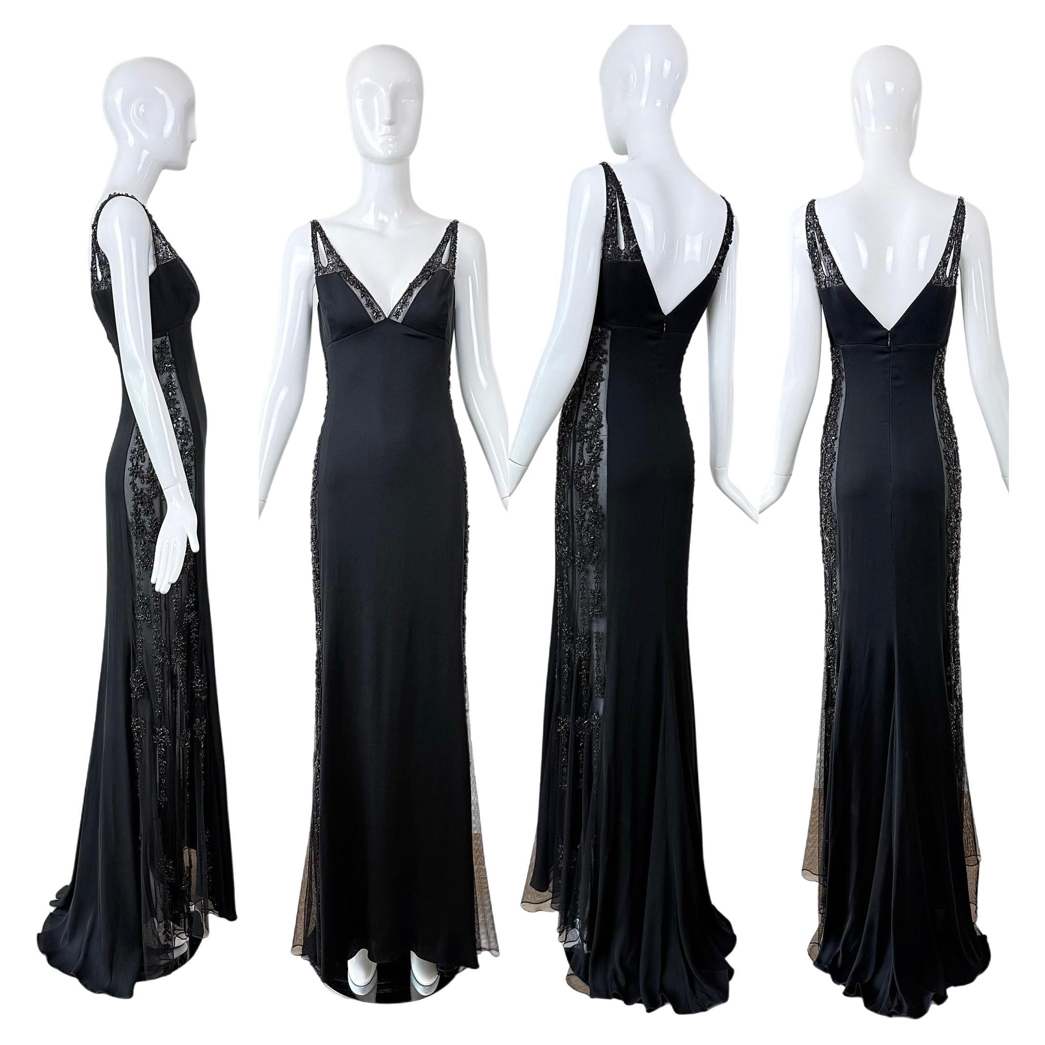 Badgley Mischka, abito maxi vintage anni '90 in seta semitrasparente e impreziosito in vendita