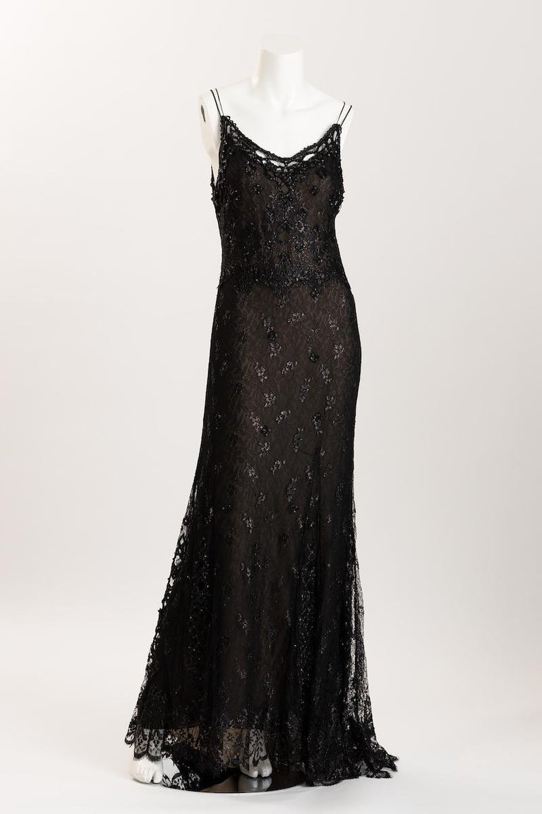 Badgley Mischka Beaded  Black Silk Lace Evening Gown  Size US 10 For Sale 8
