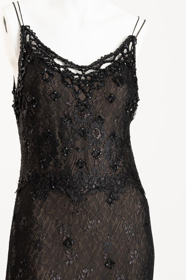 Badgley Mischka Beaded  Black Silk Lace Evening Gown  Size US 10 For Sale 9