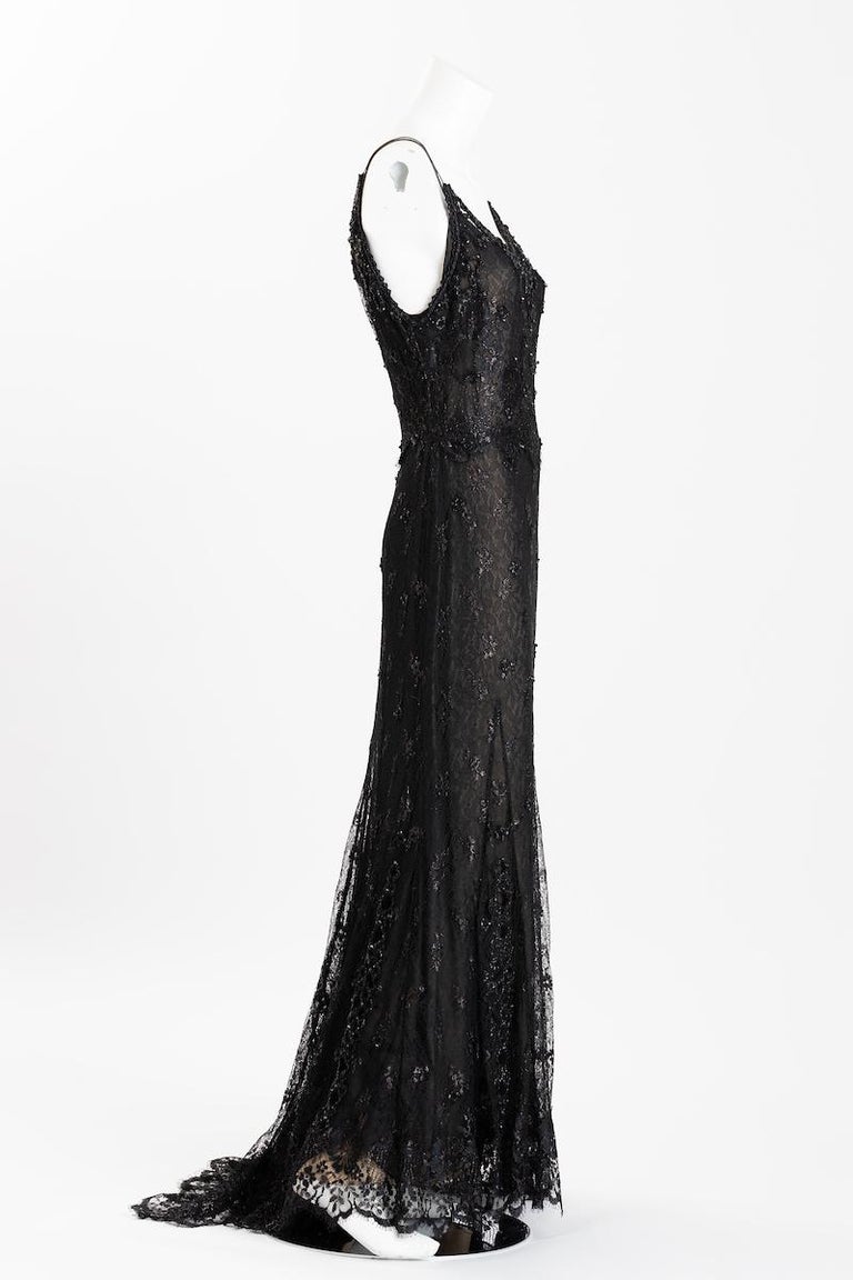Badgley Mischka Beaded  Black Silk Lace Evening Gown  Size US 10 In Excellent Condition For Sale In New York, NY