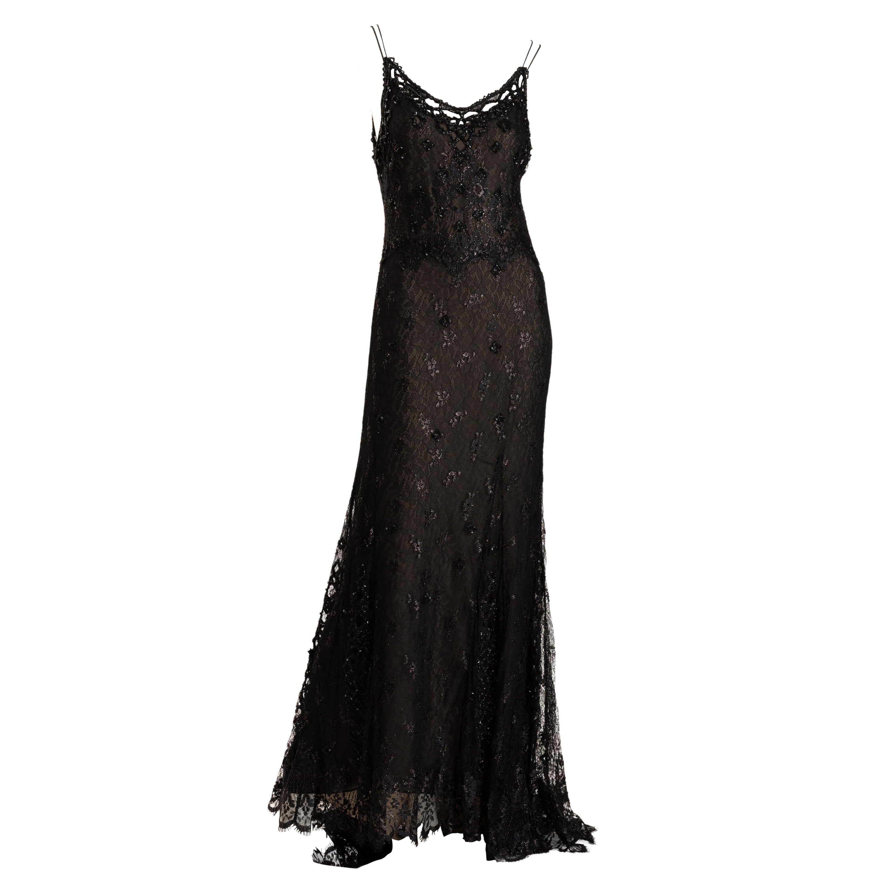 Badgley Mischka con perline  Abito da sera in pizzo di seta nero  Taglia US 10 in vendita