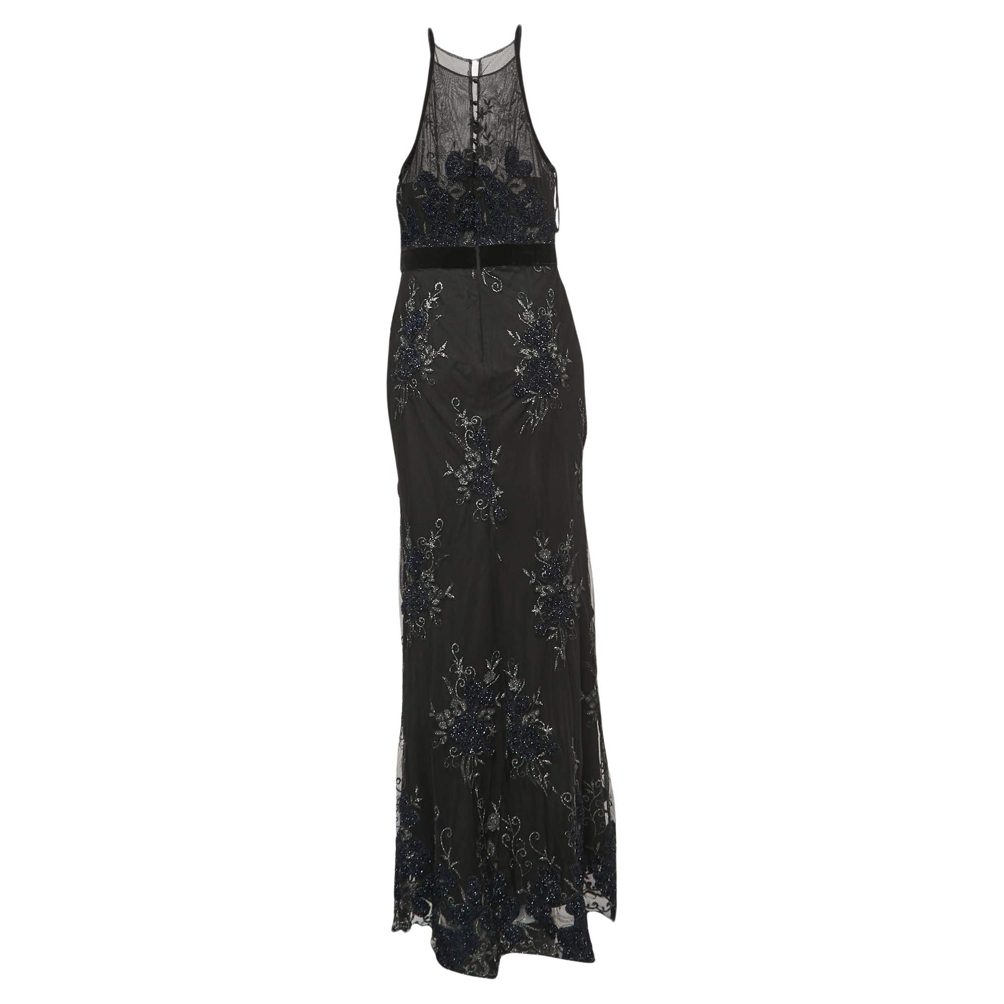 Badgley Mischka Black Embroidered Tulle Corset Detailed Halter Neck Gown M For Sale