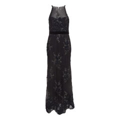 Badgley Mischka Black Embroidered Tulle Halter Neck Gown M