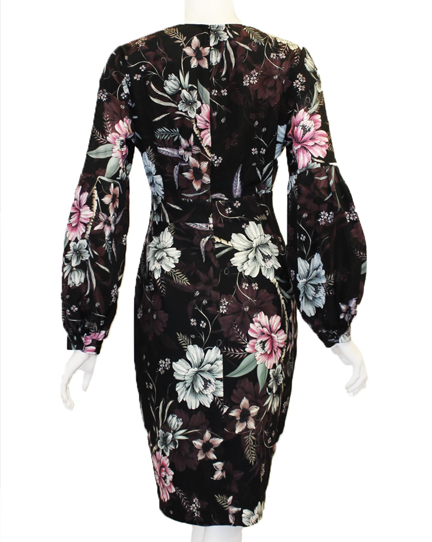 Badgley Mischka Black Floral Long Sleeve Dress  In New Condition For Sale In Palm Beach, FL