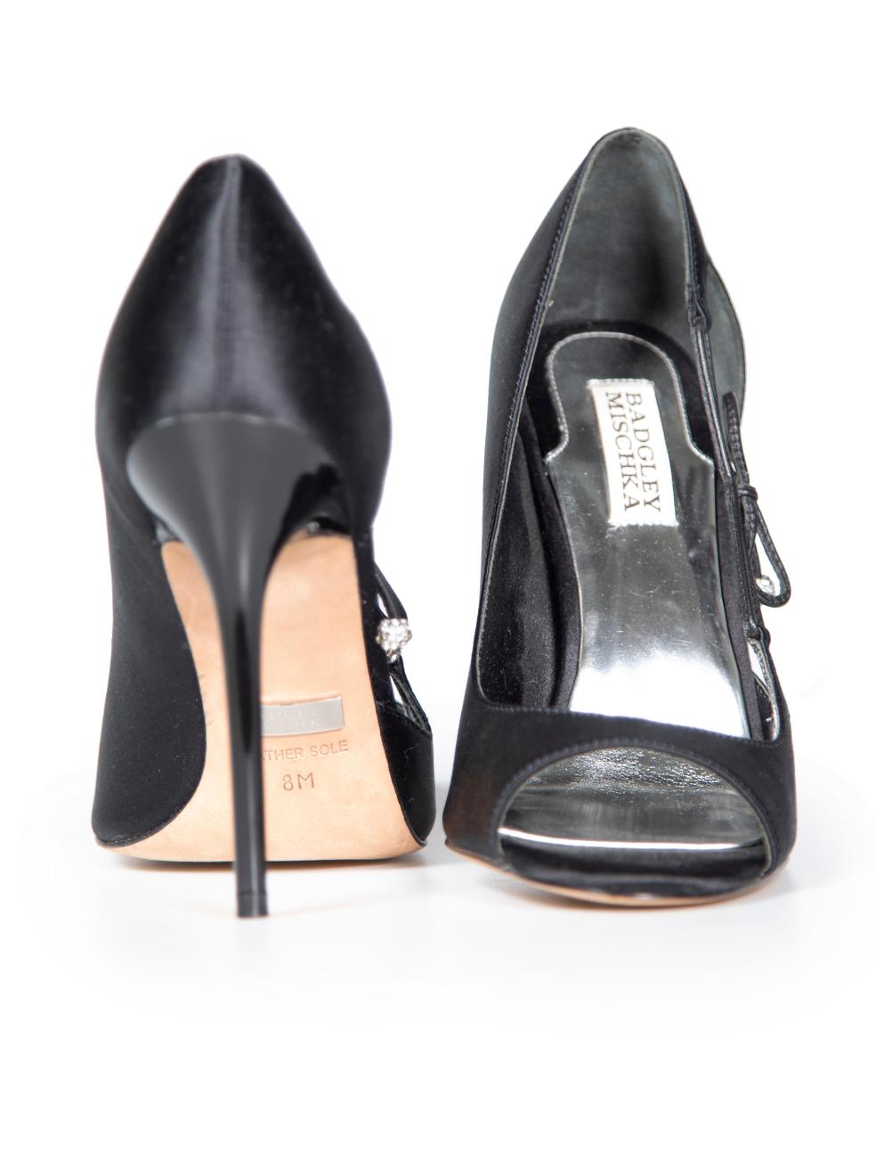 Badgley Mischka Black Satin Crystal Strap Heels Size US 8 In Good Condition For Sale In London, GB