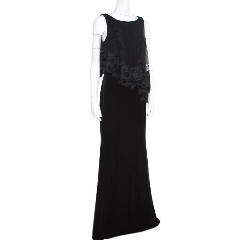 Badgley Mischka Black Velvet Floral Applique Lace Popover Gown M In New Condition In Dubai, Al Qouz 2