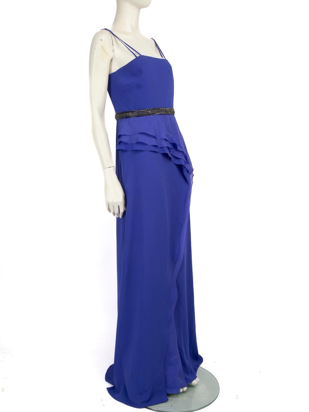 CONDITION is Very good. Minimal wear to the dress is evident. Pluck to the embroidered waist on the back. Discolouration to the neckline and hem around the dress. Pluck to the stitching on the waist ruffle on this used Badgley Mischka designer