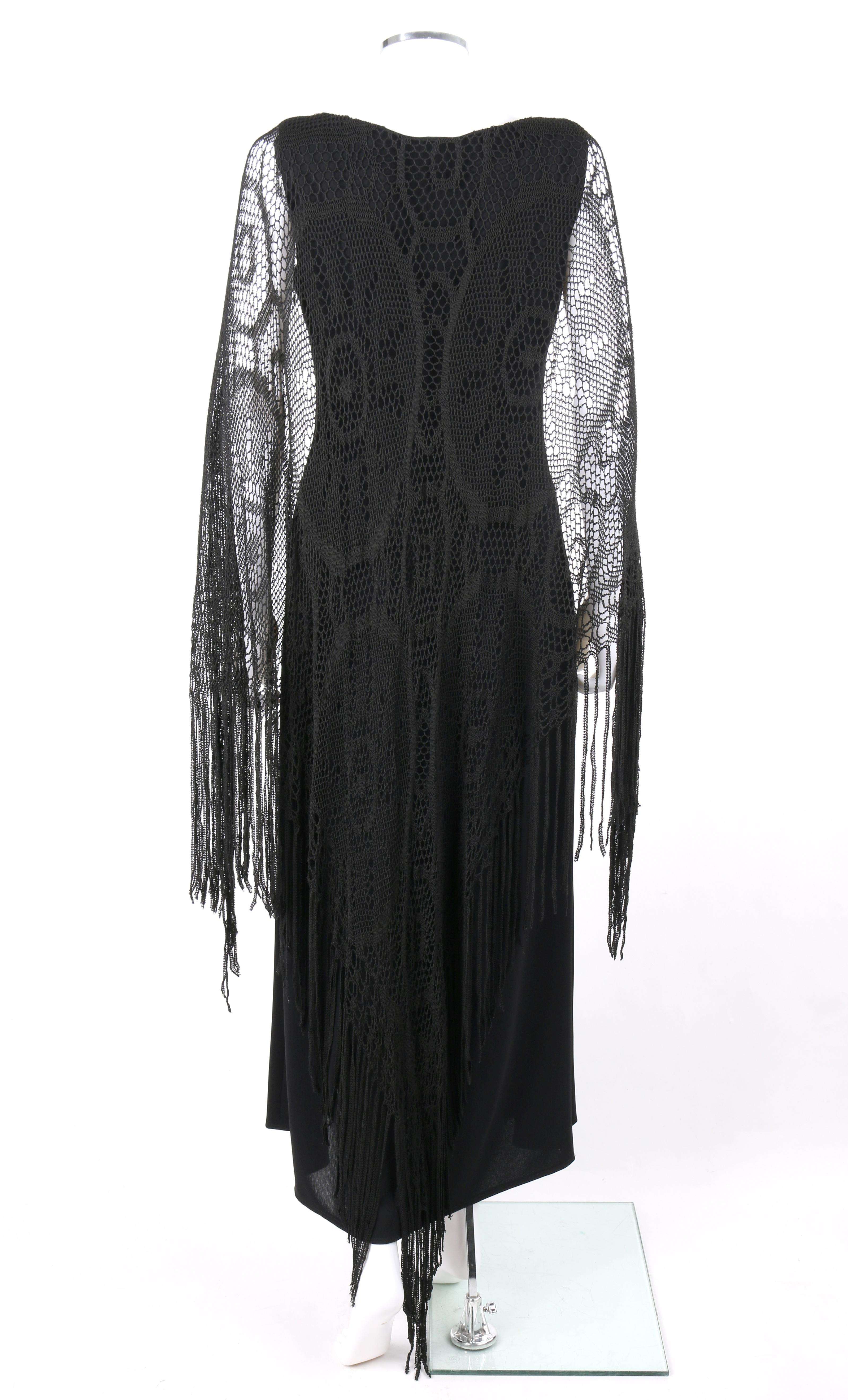 BADGLEY MISCHKA c.1990’s Black Crochet Knit Cape Shawl Sleeveless Midi Dress NWT In Good Condition In Thiensville, WI