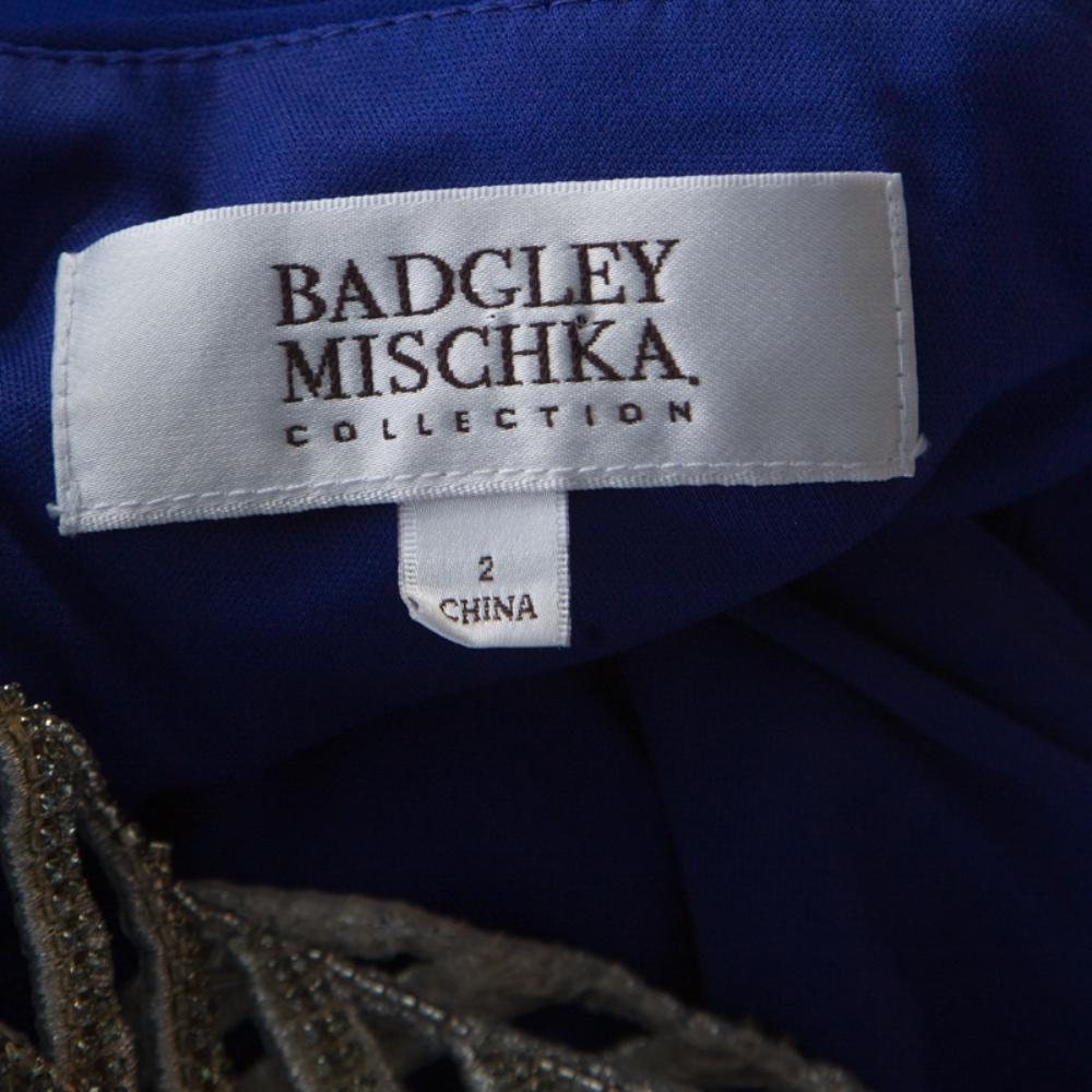 Badgley Mischka Collection Blue Knit Embellished One Shoulder Gown S 1