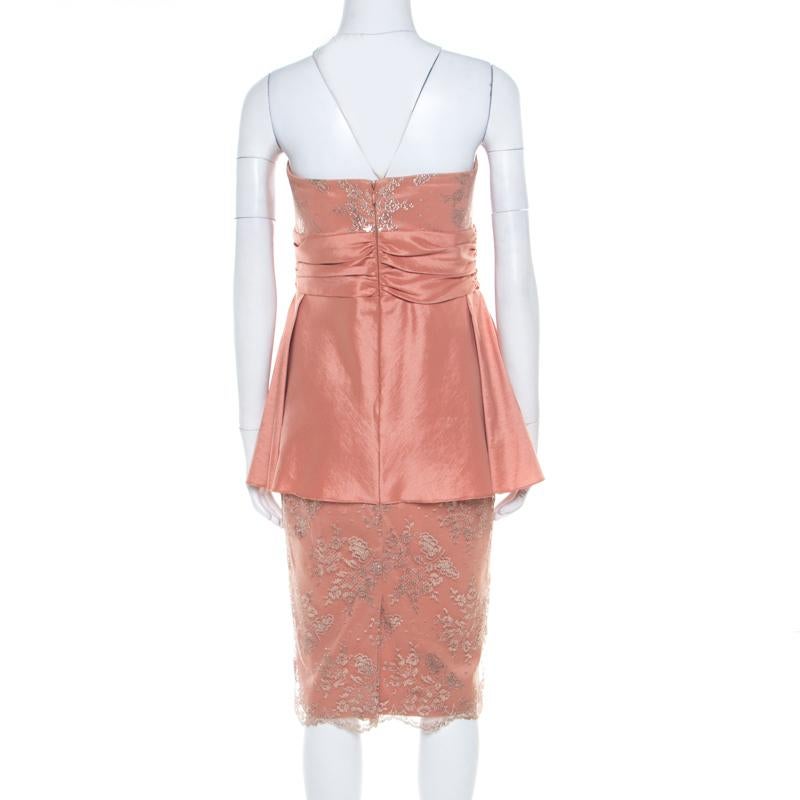 Beige Badgley Mischka Collection Copper Metallic Lace Overlay Strapless Kimono Dress L