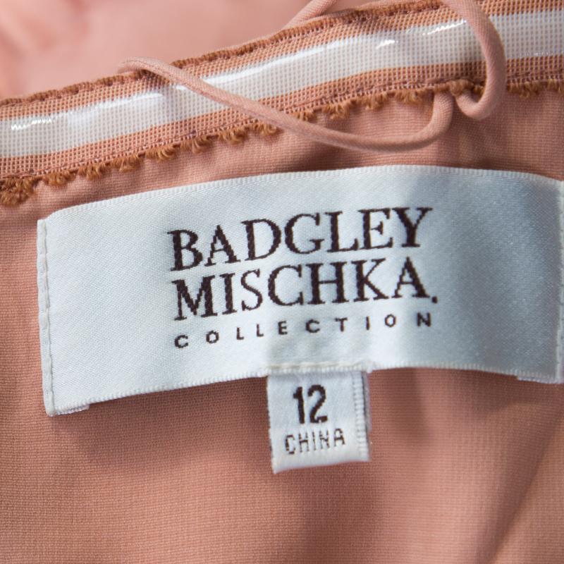 Badgley Mischka Collection Copper Metallic Lace Overlay Strapless Kimono Dress L 1