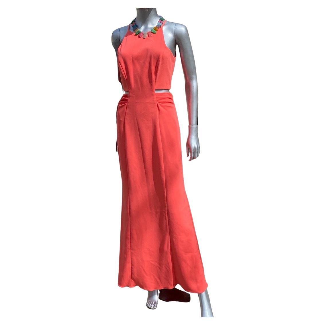 Orange Badgley Mischka Collection Coral Jersey Cut-Out Sides Long Dress NWT Size 4 For Sale