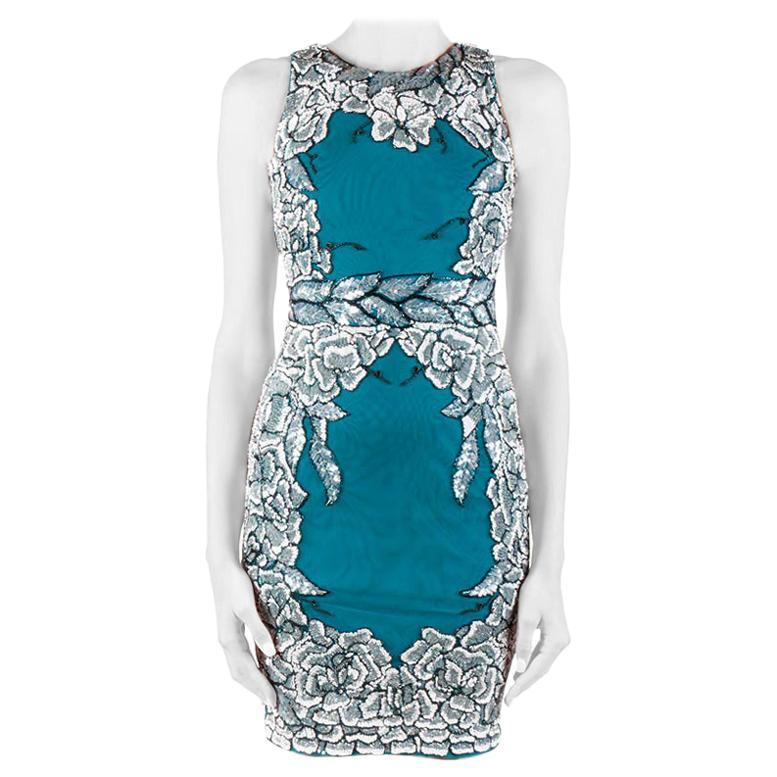 Badgley Mischka Collection Teal Green Floral Sequin Sleeveless Cocktail Dress XS