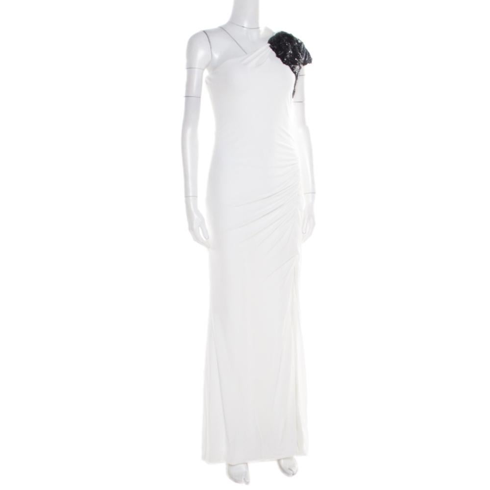 Gray Badgley Mischka Collection White Ruched Knit Contrast Embellished One Shoulder G