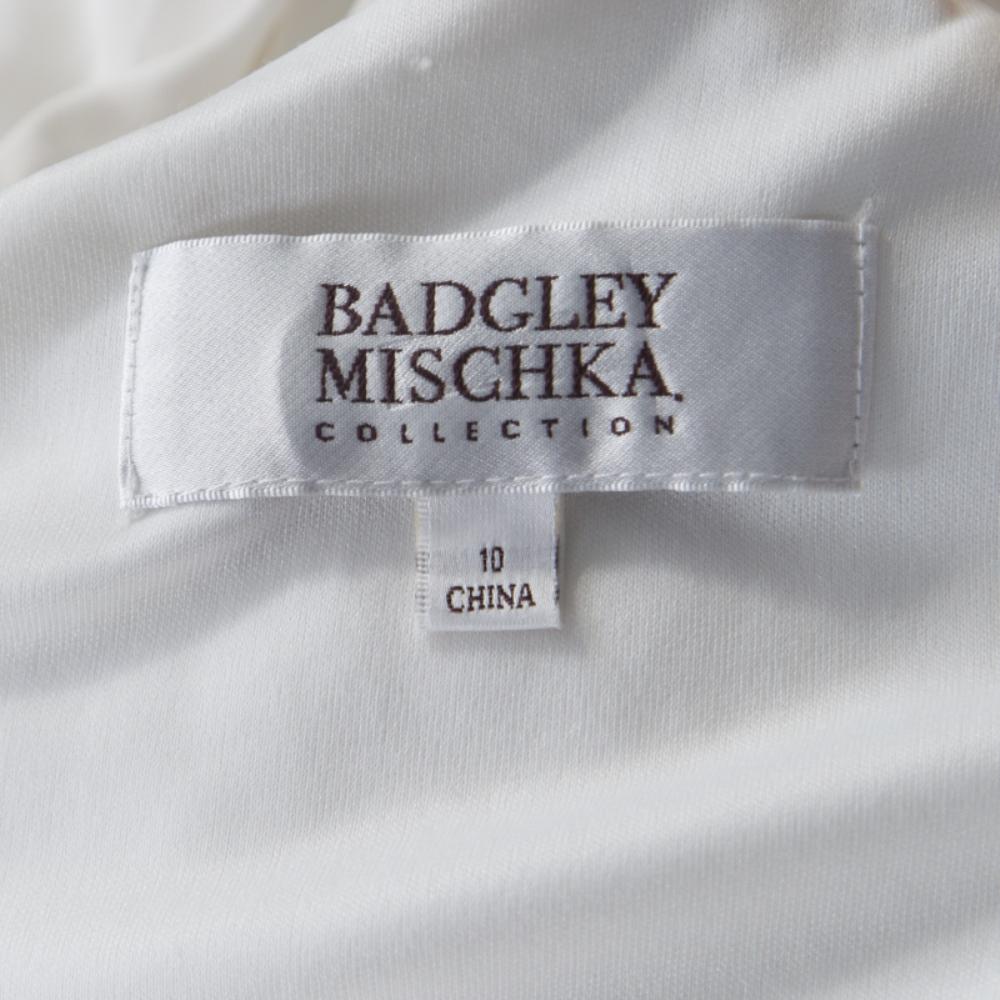 Badgley Mischka Collection White Ruched Knit Contrast Embellished One Shoulder G 2