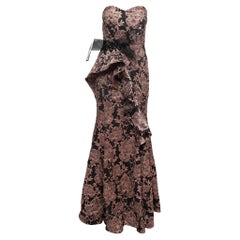 Badgley Mischka Couture Black Floral Jacquard Strapless Gown M
