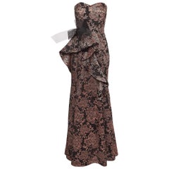 Badgley Mischka Couture Black/Metallic Floral Jacquard Strapless Gown M