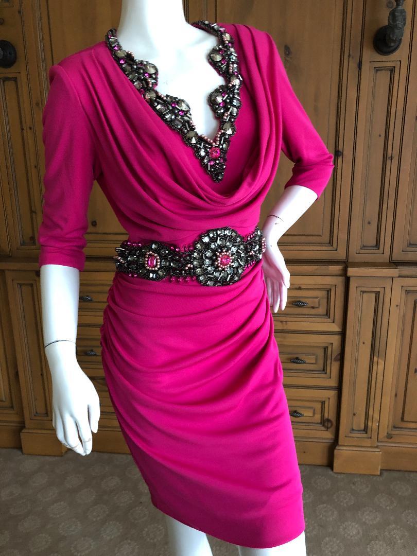 Badgley Mischka Couture Pink Jersey Jewel Embellished Cocktail Dress  For Sale 3