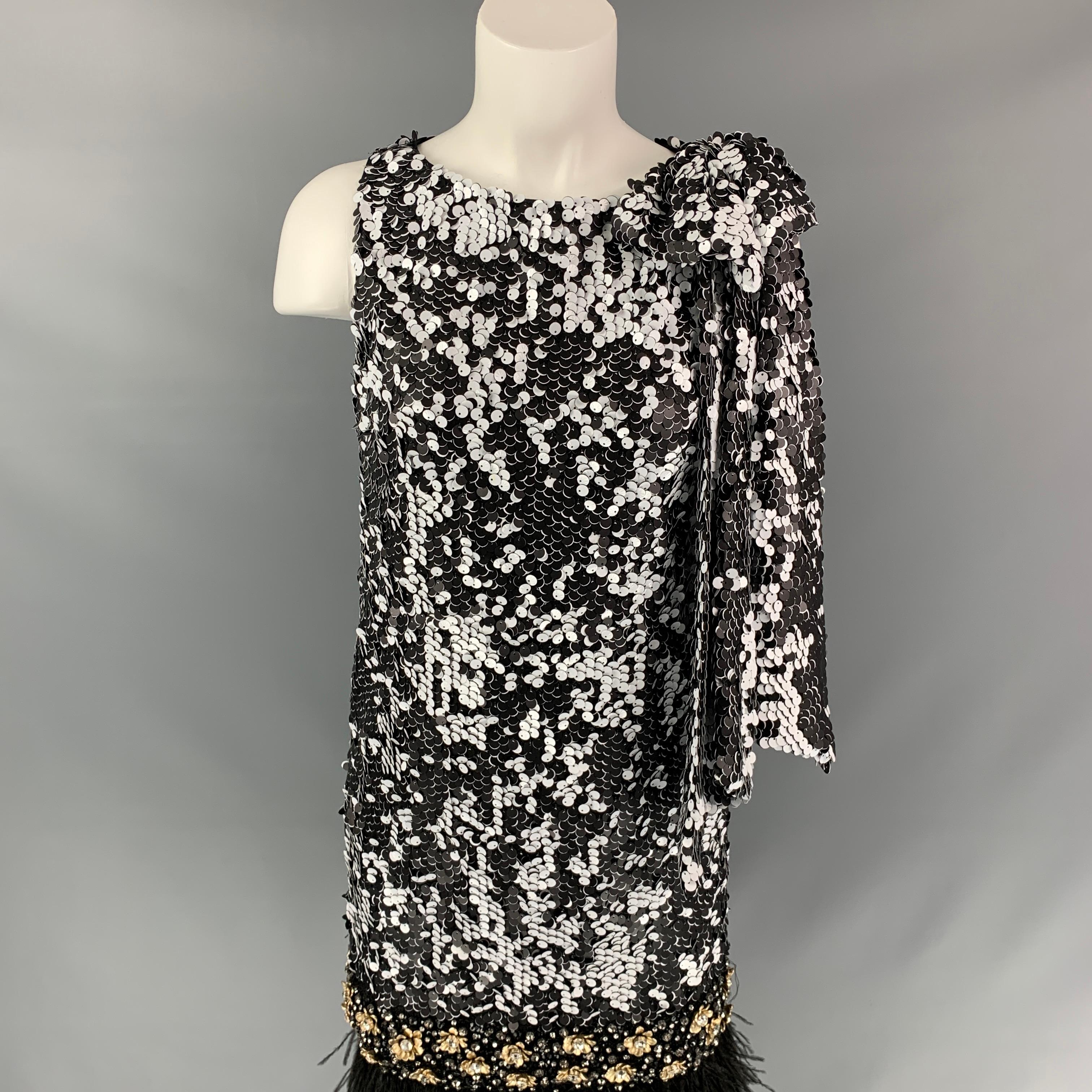 BADGLEY MISCHKA COUTURE Size M Black & White Sequined Bow Fringe Dress In Good Condition In San Francisco, CA