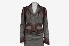 Badgley Mischka Embroidered Jacket Skirt Suit Size US 6 Black White Red Wool