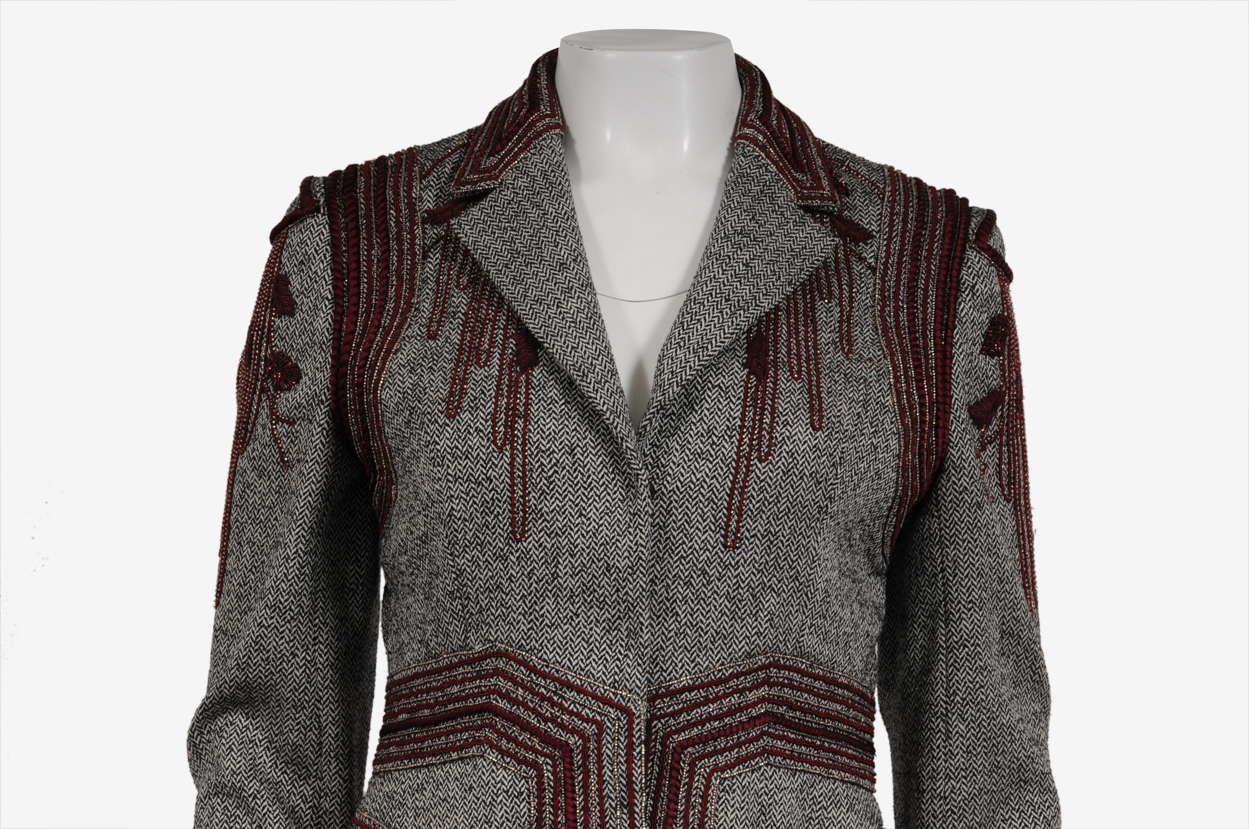 Noir Badgley Mischka veste brodée jupe tailleur taille 6 noir blanc rouge laine en vente