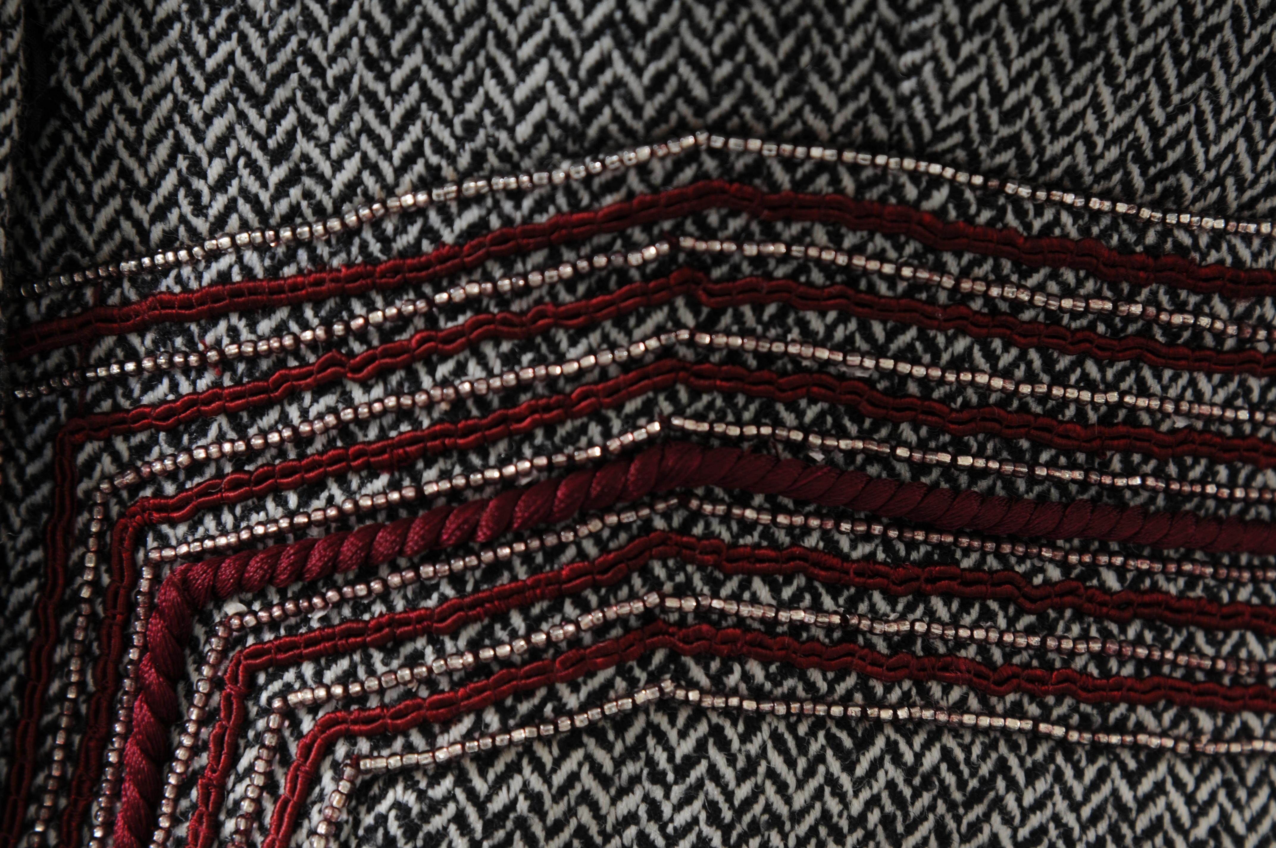 Badgley Mischka veste brodée jupe tailleur taille 6 noir blanc rouge laine en vente 1