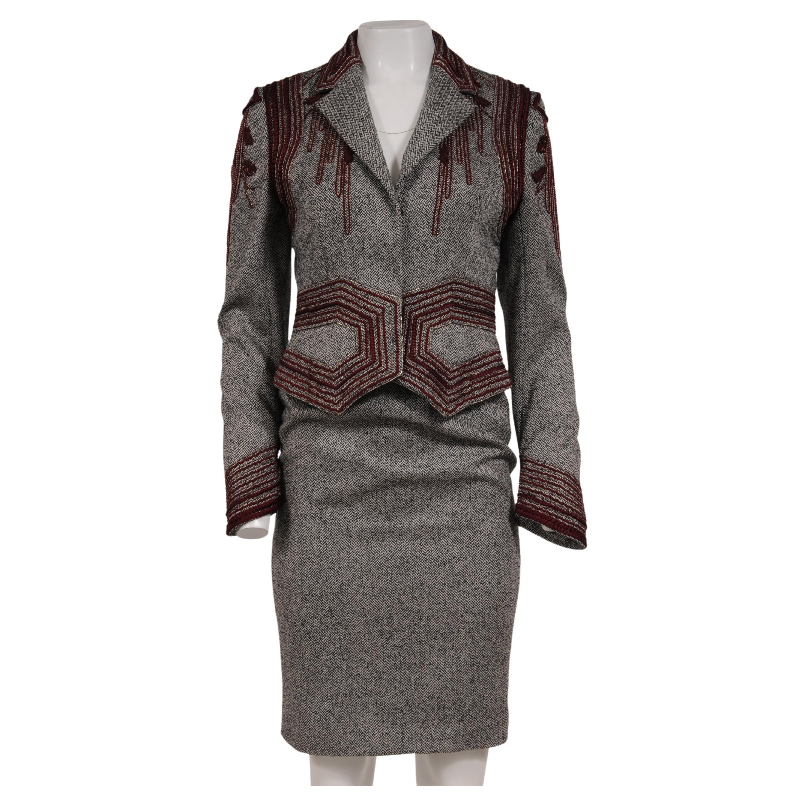 Badgley Mischka veste brodée jupe tailleur taille 6 noir blanc rouge laine en vente