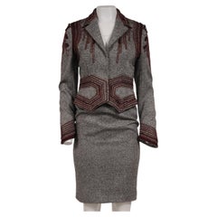 Badgley Mischka veste brodée jupe tailleur taille 6 noir blanc rouge laine