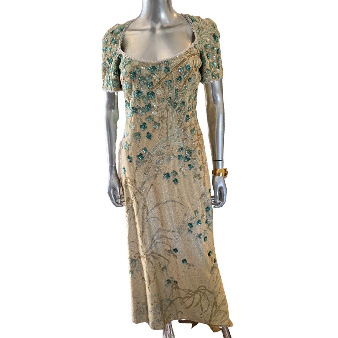 Badgley Mischka Enchanted Garden Metallic Perlen Pailletten Abendkleid Größe 10 im Angebot 5