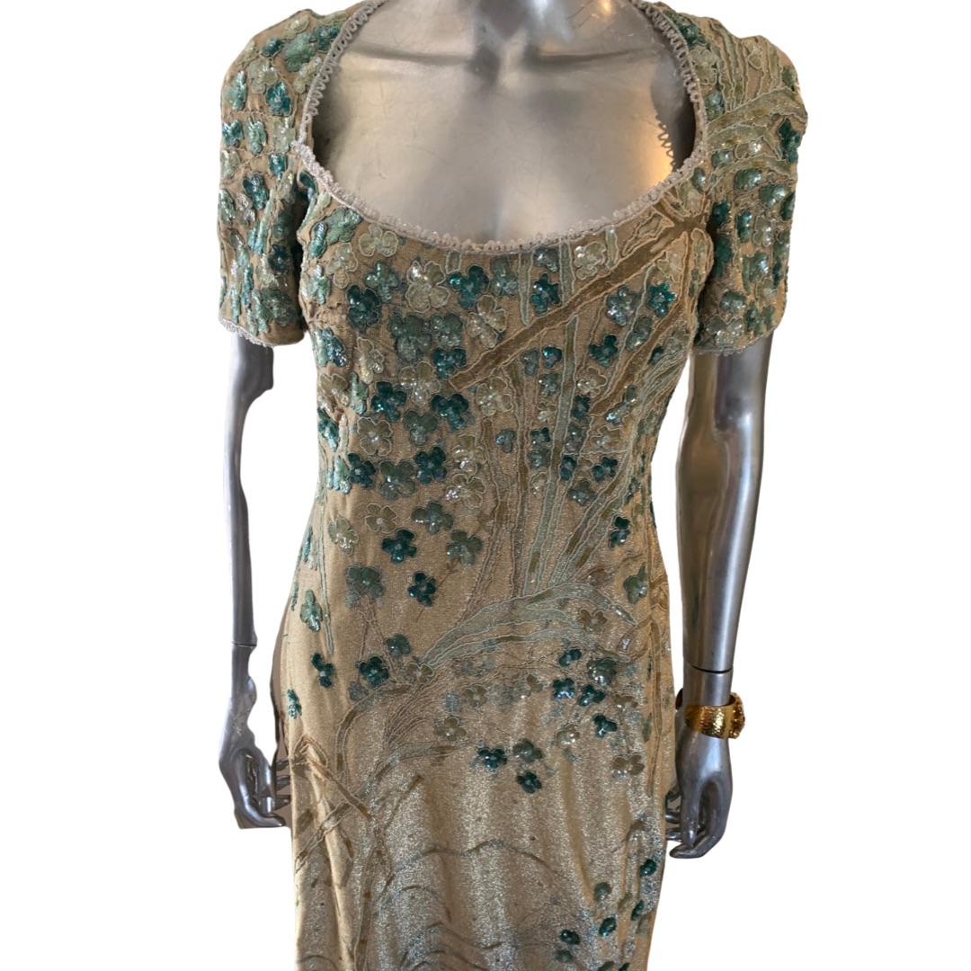 Badgley Mischka Enchanted Garden Metallic Perlen Pailletten Abendkleid Größe 10 (Braun) im Angebot