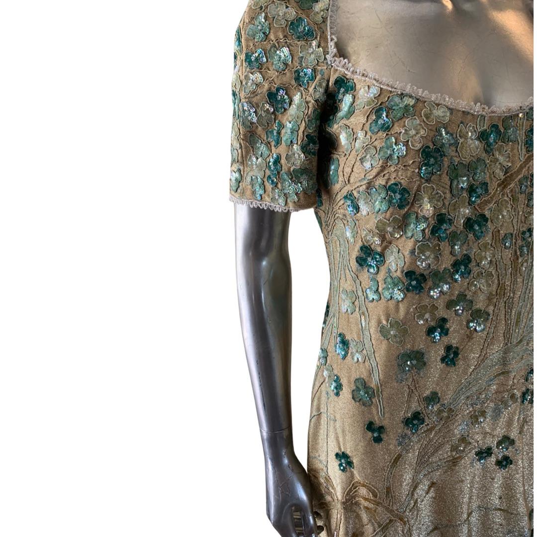 Badgley Mischka Enchanted Garden Metallic Perlen Pailletten Abendkleid Größe 10 Damen im Angebot