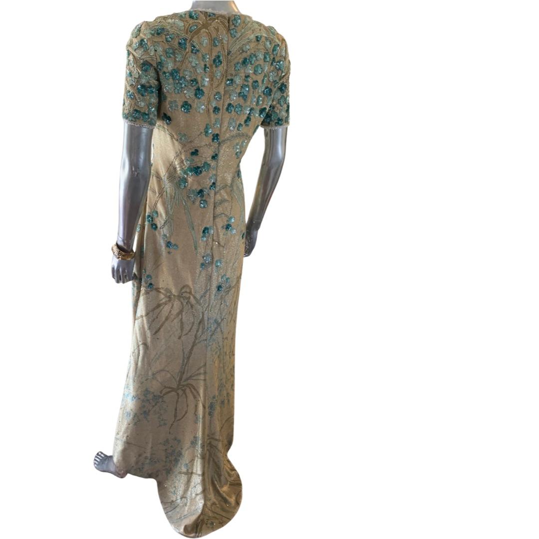 Badgley Mischka Enchanted Garden Metallic Beaded Sequin Evening Dress Size 10 For Sale 1