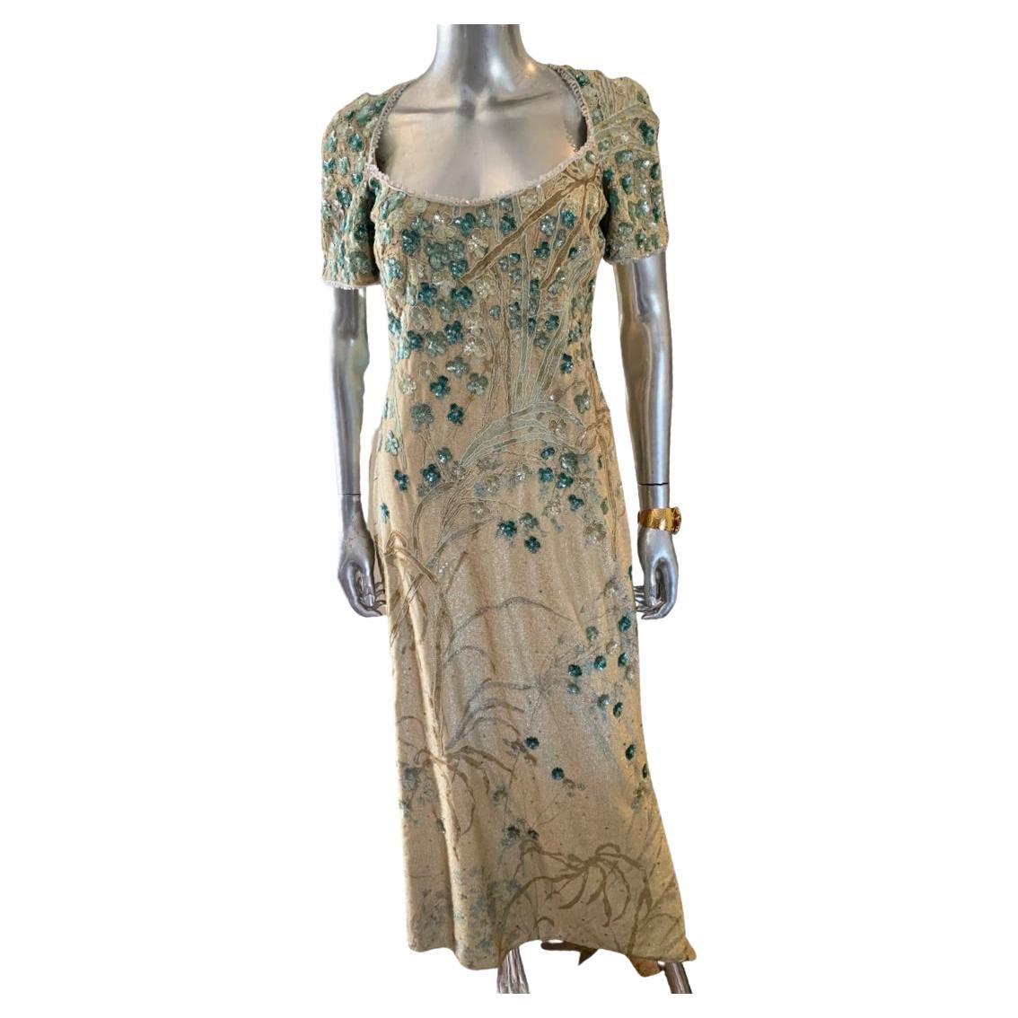 Badgley Mischka Enchanted Garden Metallic Beaded Sequin Evening Dress Size 10