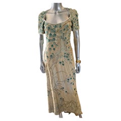 Used Badgley Mischka Enchanted Garden Metallic Beaded Sequin Evening Dress Size 10