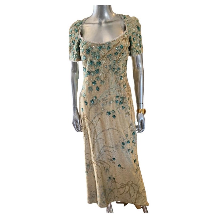 Badgley Mischka Enchanted Garden Metallic Beaded Sequin Evening Dress Size  10 at 1stDibs