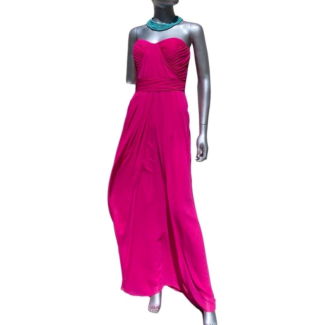 Badgley Mischka Fuchsia Bright Pink Draped Long Evening Dress Size 6 For Sale 7