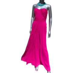 Badgley Mischka Fuchsia Bright Pink Draped Long Evening Dress Size 6