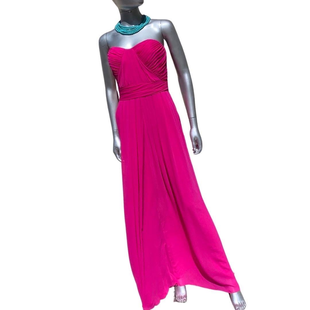 Women's Badgley Mischka Fuchsia Bright Pink Draped Long Evening Dress Size 6 For Sale