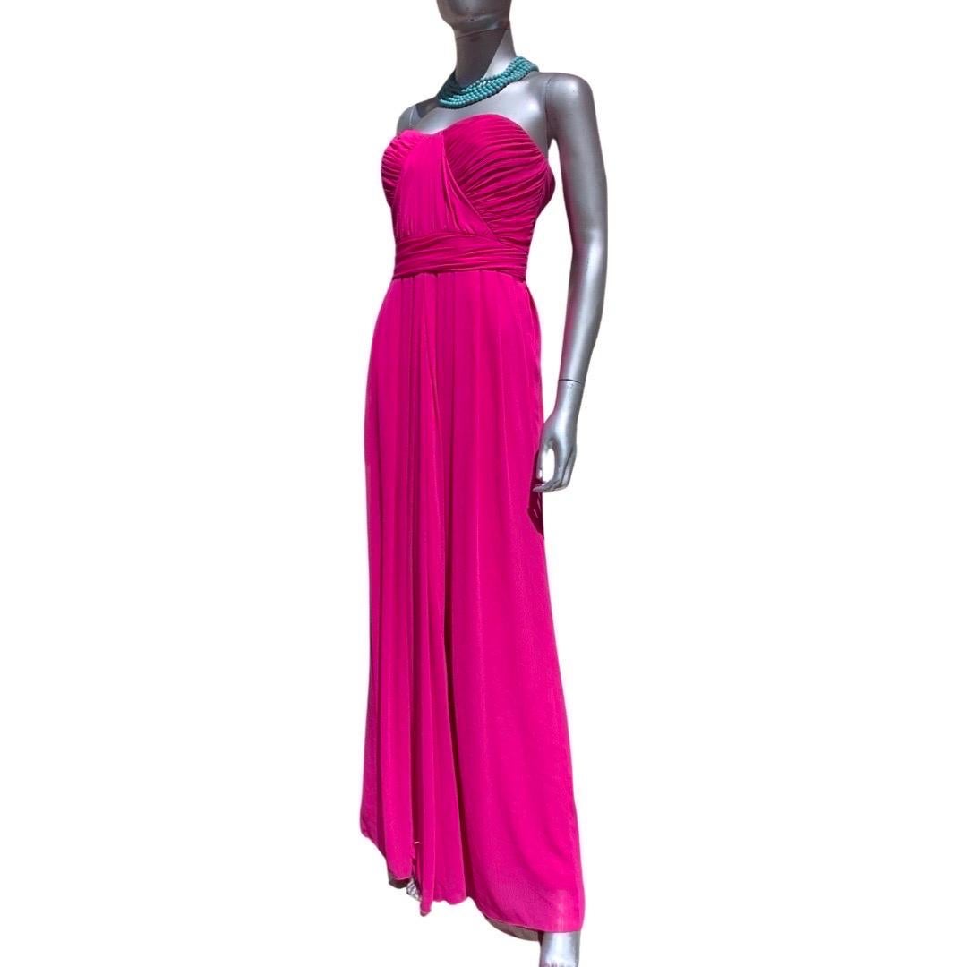 Badgley Mischka Fuchsia Bright Pink Draped Long Evening Dress Size 6 For Sale 2