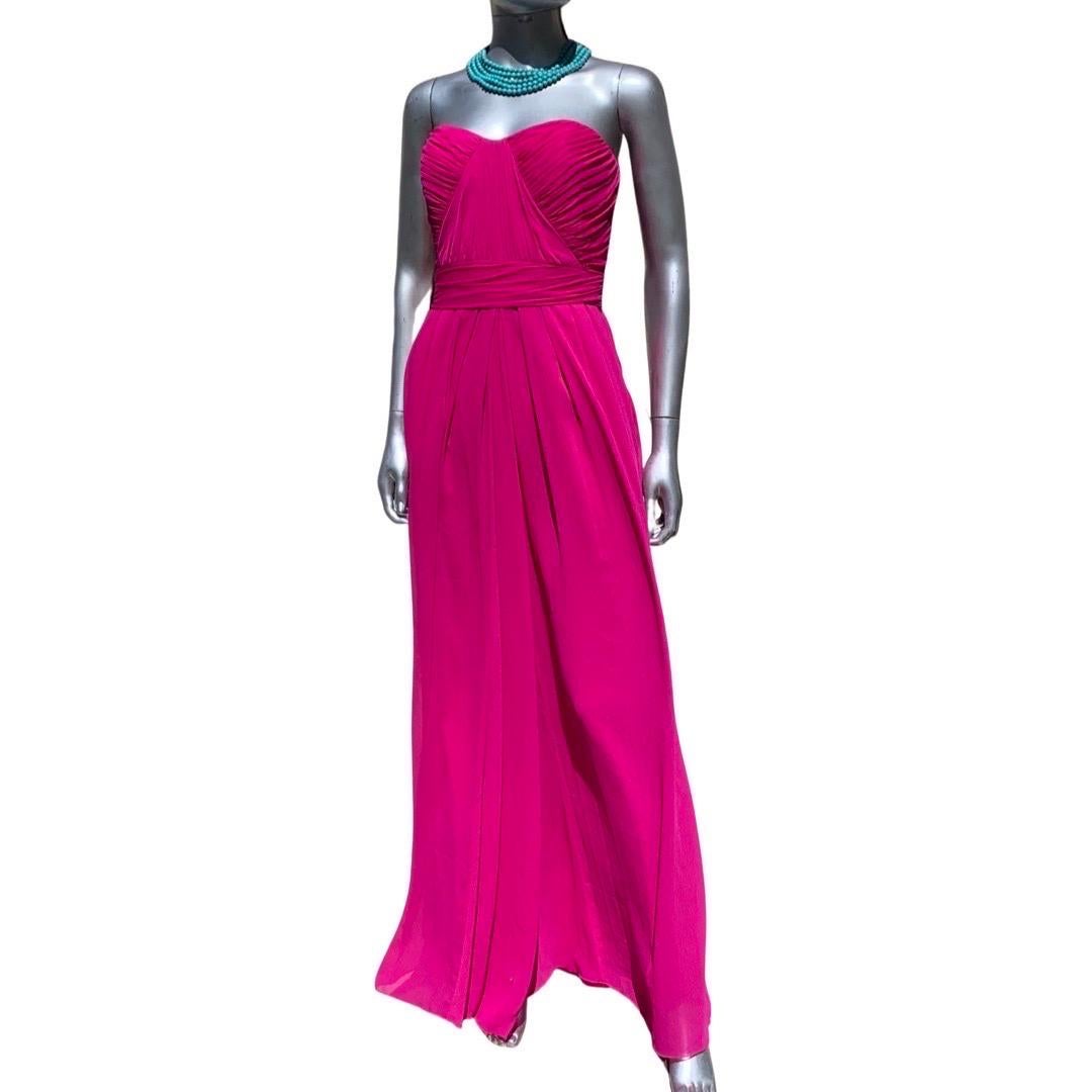 Badgley Mischka Fuchsia Bright Pink Draped Long Evening Dress Size 6 For Sale 5
