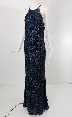 Badgley Mischka Glittery Blue Sequin Halter Neck Evening Gown
