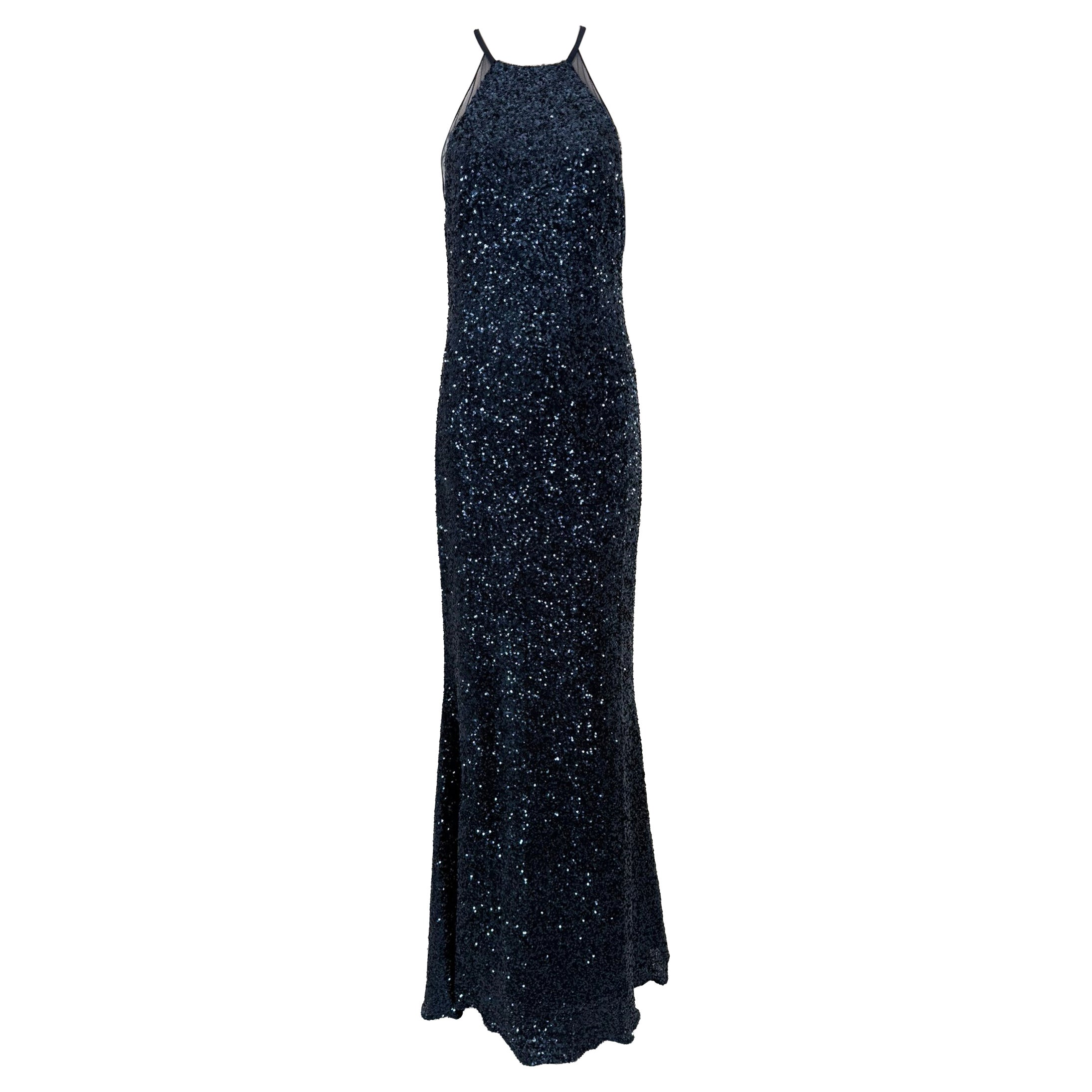 Badgley Mischka Glitzerndes Blaues Paillettenhalter-Abendkleid