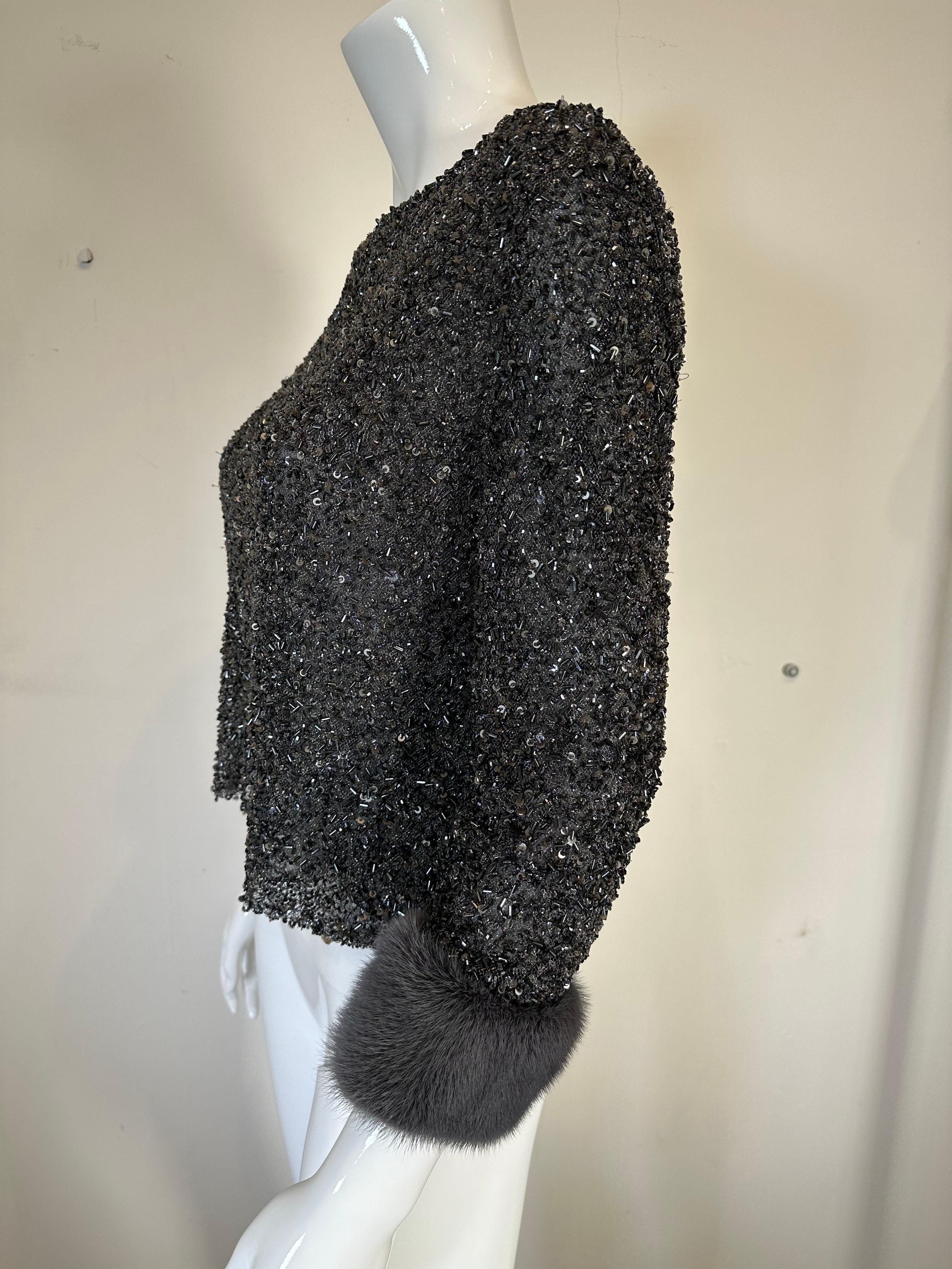 Black Badgley Mischka Glittery Glass Beaded Bateau neck 
Evening Top Mink Sleeves 10 For Sale