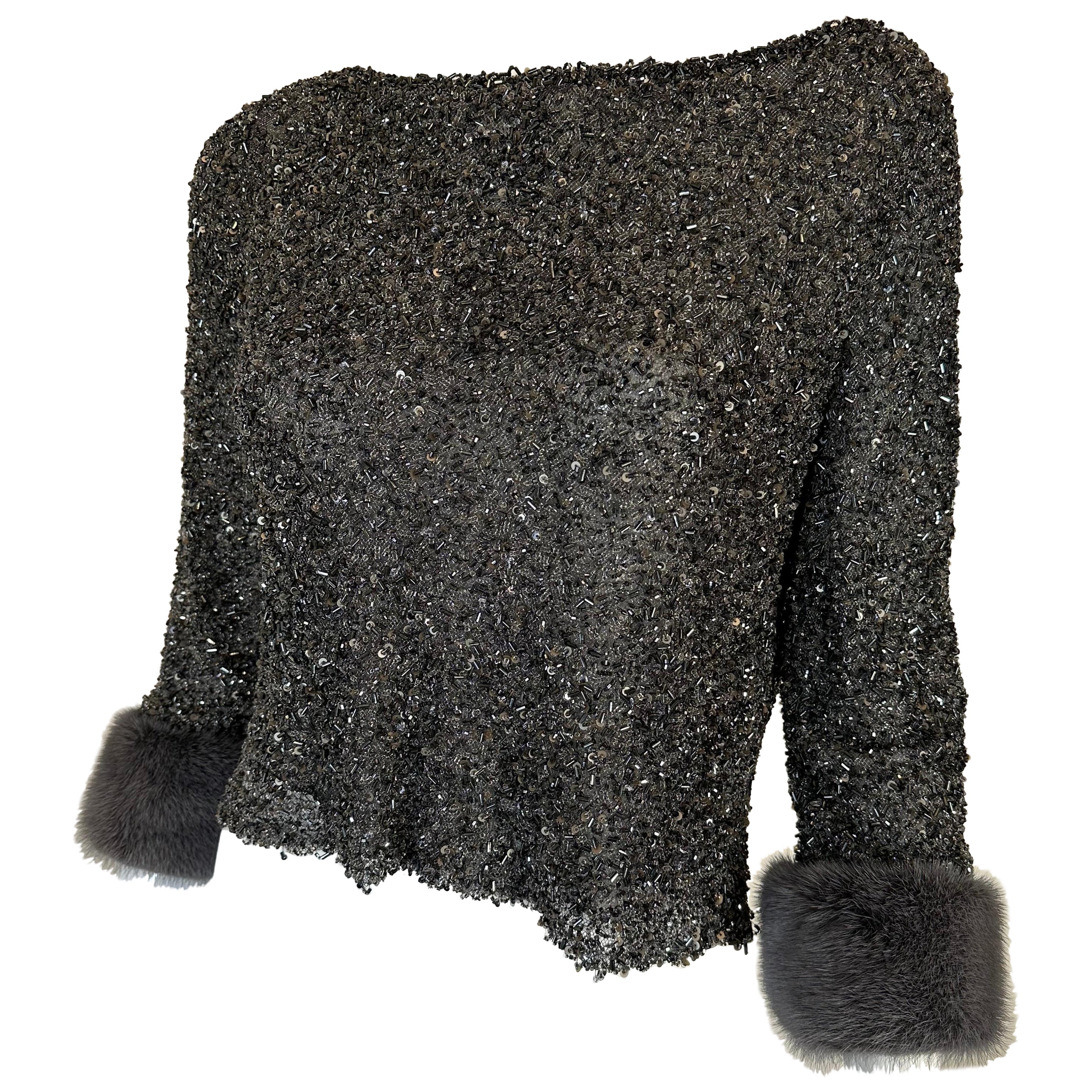 Badgley Mischka Cuello barco con cuentas de cristal brillantes 
Top de Noche Mangas Visón 10