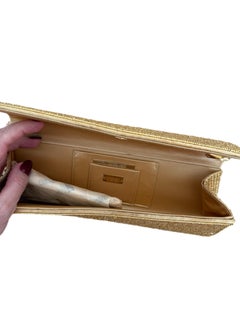 BADGLEY MISCHKA Gold Beaded Satin Envelope Evening Bag Purse Embellished Bridal