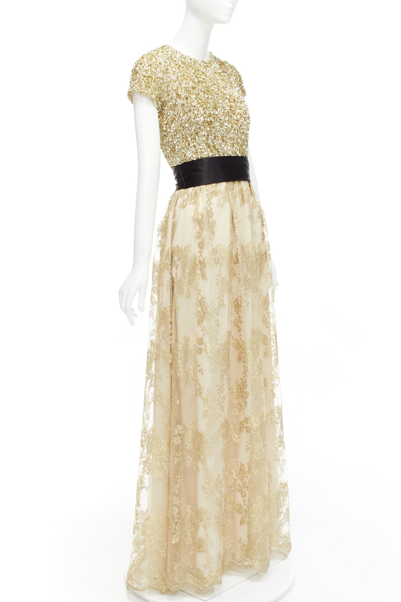 BADGLEY MISCHKA gold sequins top floral lace overlay belted gown dress US6 M In Good Condition For Sale In Hong Kong, NT