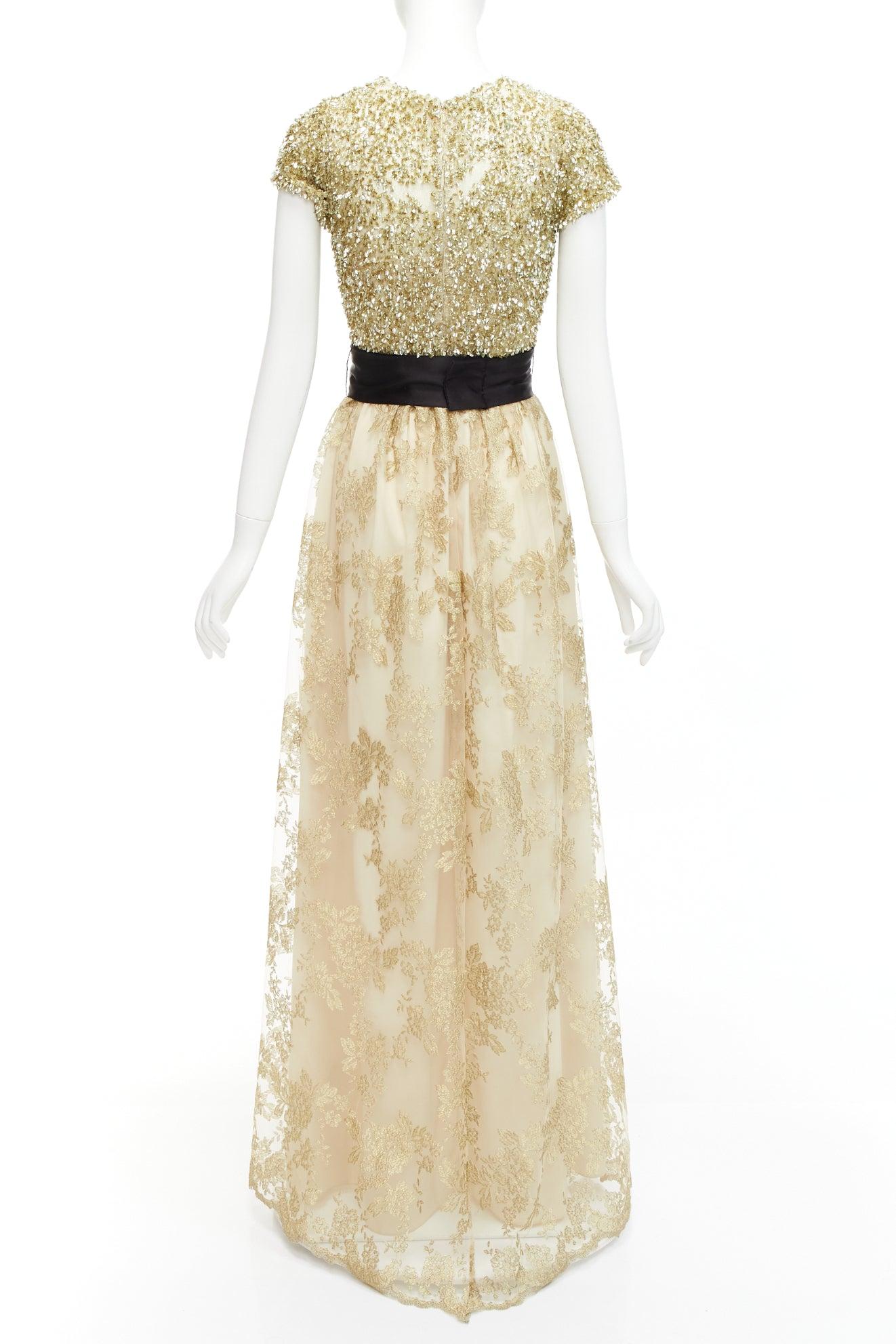 BADGLEY MISCHKA gold sequins top floral lace overlay belted gown dress US6 M For Sale 1